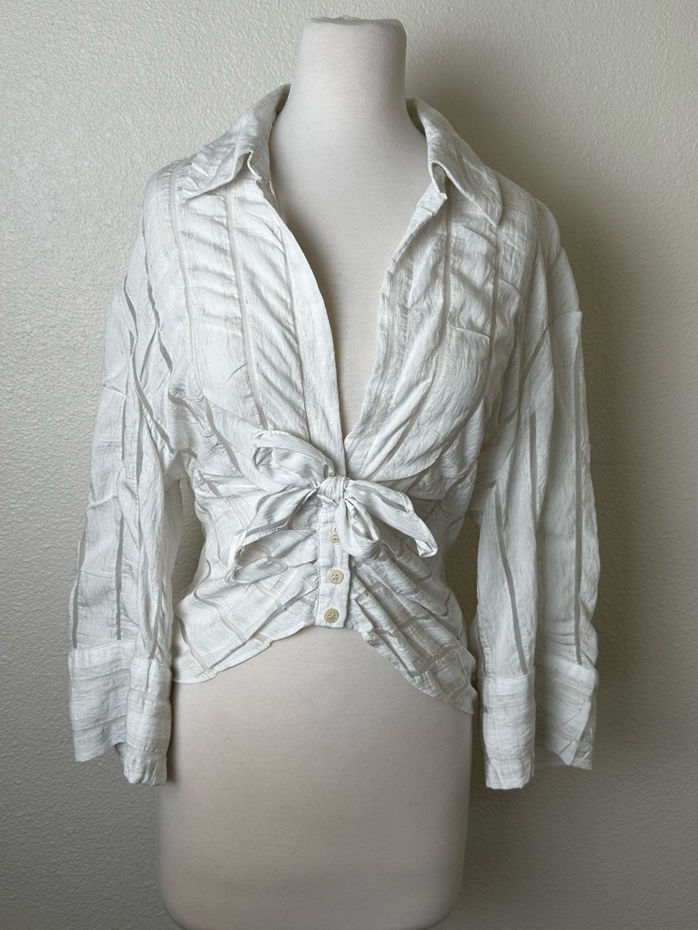 Zara White Tie-Front Button-Down Blouse